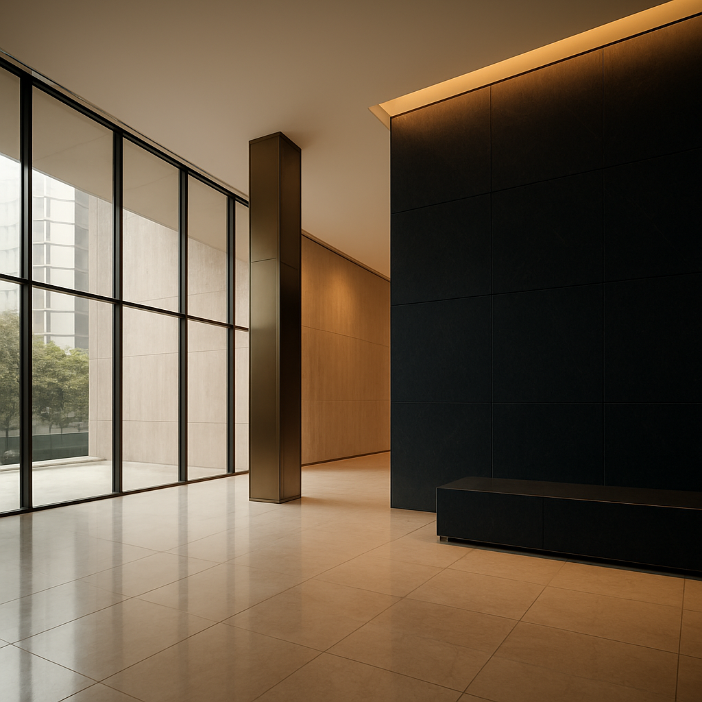 Elegant modern lobby with floor to ceiling windows and warm light